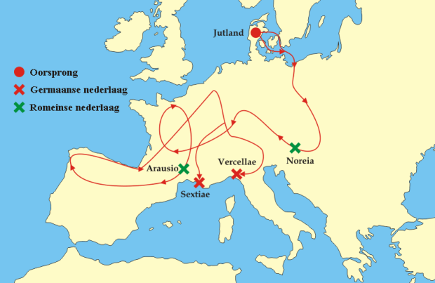 De Cimbren en Teutonen reisden heel Europa rond (bron: User:Tzzzpfff - Image:Cimbrians and Teutons.png, CC BY-SA 3.0, https://commons.wikimedia.org/w/index.php?curid=2178596)